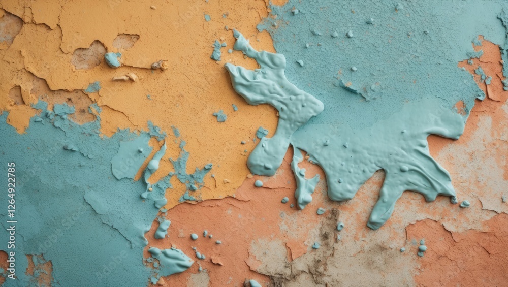 Poster Textured abstract background of peeling paint in orange and teal colors with some areas exposing the underlying material, Copy Space