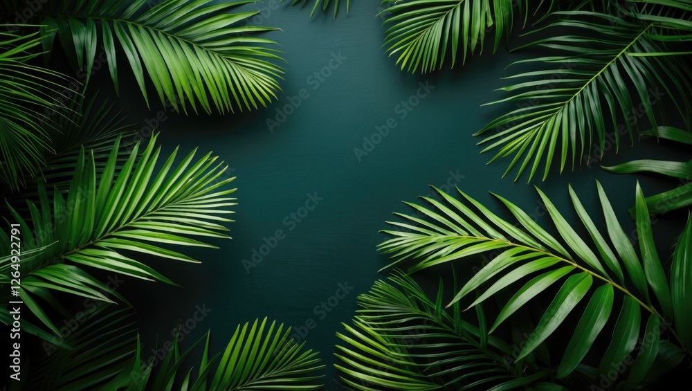 Poster tropical green palm leaves on dark green background with ample copy space for text or design element