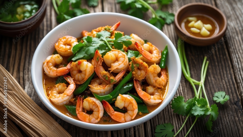 Poster shrimp dish with fresh herbs and vegetables served in a bowl on a wooden table with a side of sauce 