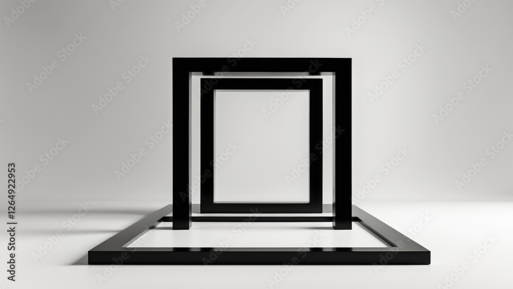 Aufkleber Black geometric frames arranged in a layered structure on a minimalistic background with copy space.