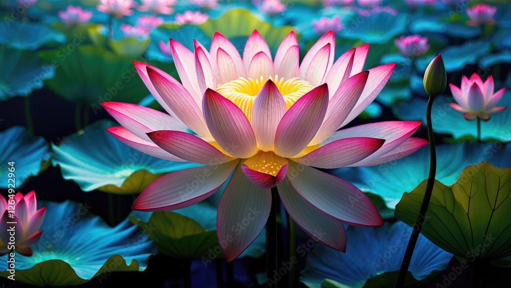Poster lotus flower in a serene pond surrounded by lush green leaves with soft illuminated petals and vibra
