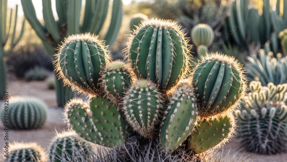 Poster cacti cluster with spiky texture in desert landscape under sunlight botanical garden setting copy sp