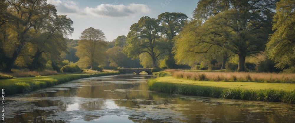 Poster scenic landscape with a tranquil river reflecting lush greenery and trees under a clear sky with clo
