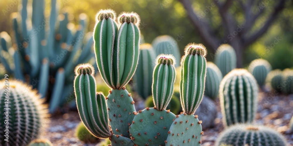 Poster group of cacti with tall, ribbed green stems and spines in a desert landscape under warm sunlight wi