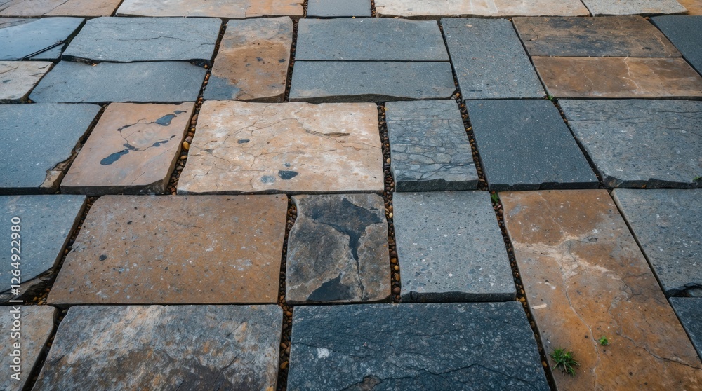 Aufkleber Textured stone pavement with various colors and sizes of tiles arranged in a regular pattern Copy Space