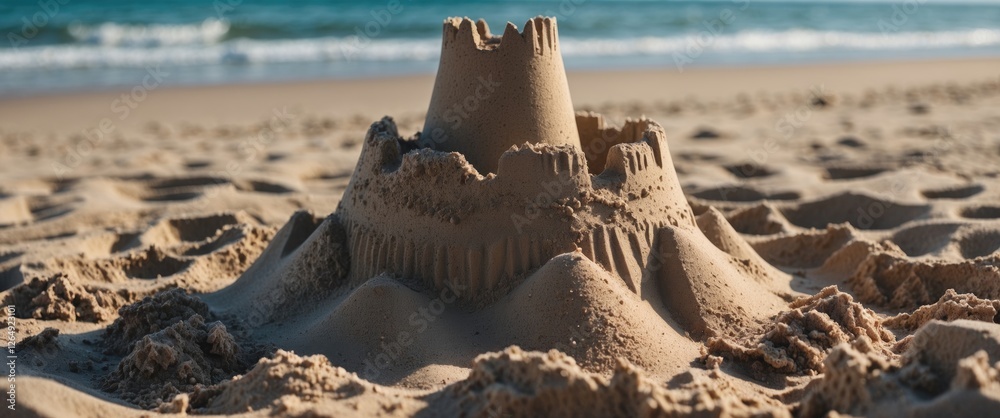 Poster Sand castle on a beach with ocean waves in the background during daylight hours showcasing intricate details and textures Copy Space