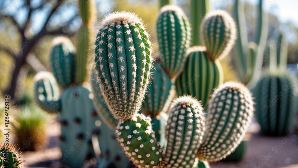 Poster Cactus garden with various species displaying green spines and textured patterns in natural sunlight with blurred background and Copy Space