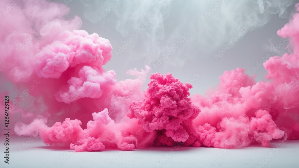 Aufkleber Pink smoke clouds on a gray background with swirling patterns and soft edges creating an abstract effect, suitable for various applications. Copy Space