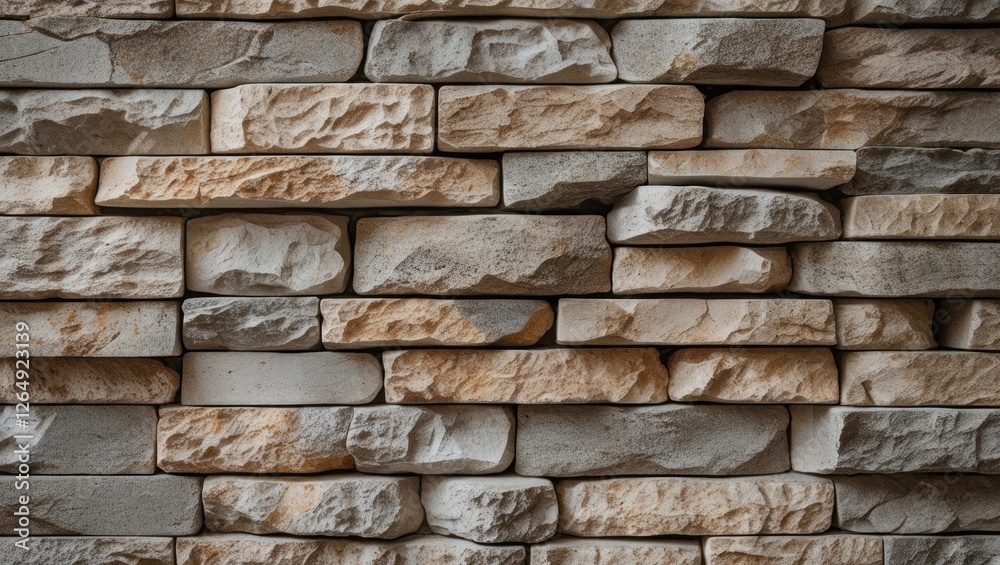 Poster textured wall of natural stone bricks in various shades of gray and beige arrangement providing a ru