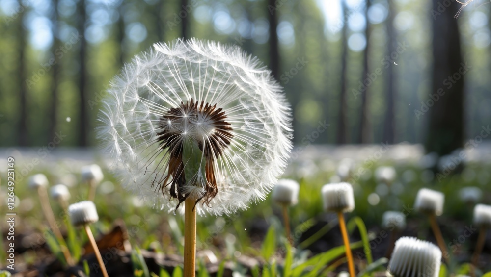 Aufkleber Close-up of Dandelion Seed Head with Blurred Forest Background and Copy Space for Text