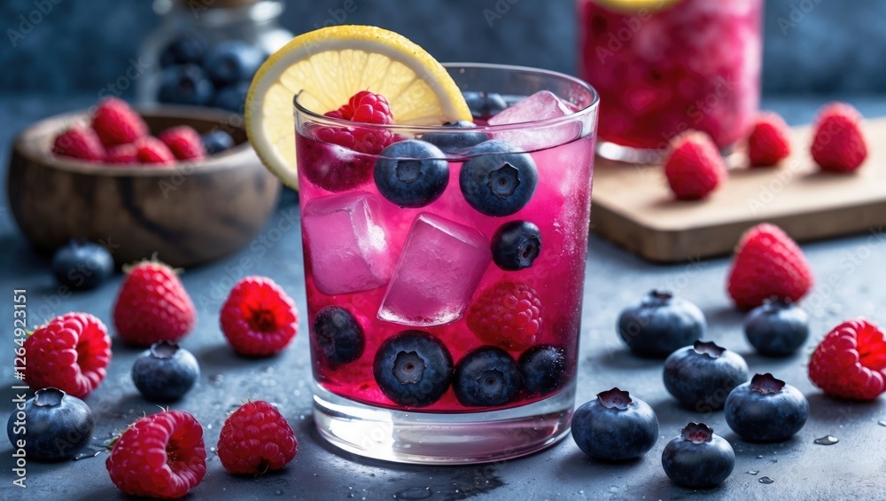 Poster fresh berry cocktail with blueberries and raspberries in glass with ice and lemon slice on dark wood