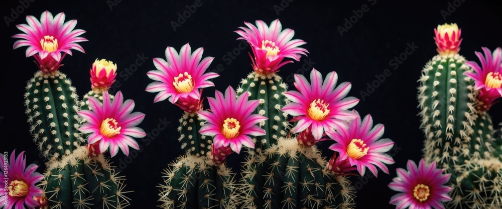 Poster colorful blooming cacti with pink flowers against a black background with copy space for text placem
