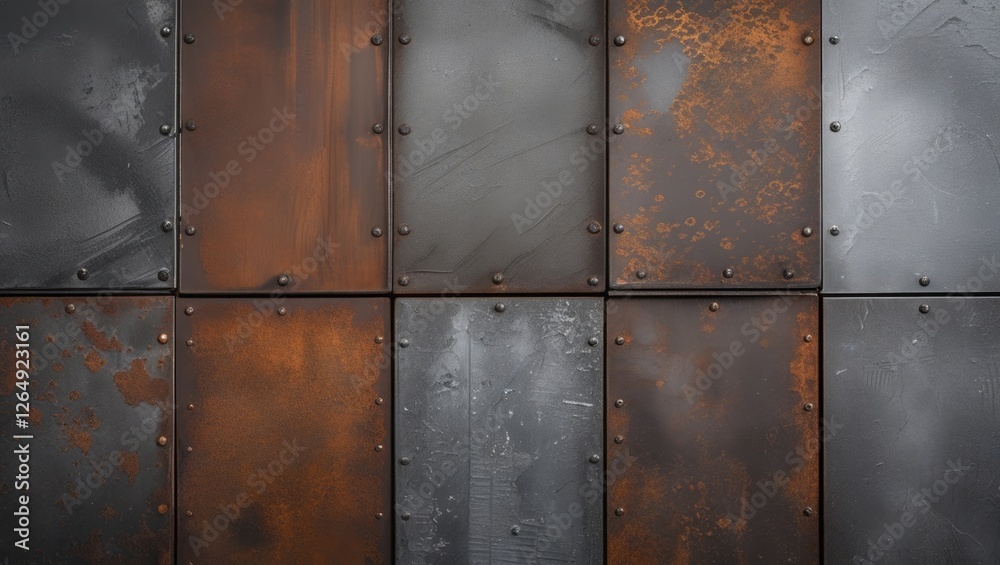Aufkleber Rusty metal wall panels with rivets and various textures in a grid layout suitable for industrial backgrounds and design projects