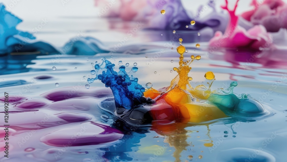 Poster Colorful ink splashes in water creating ripples and droplets against a blurred background with vibrant hues and Copy Space.