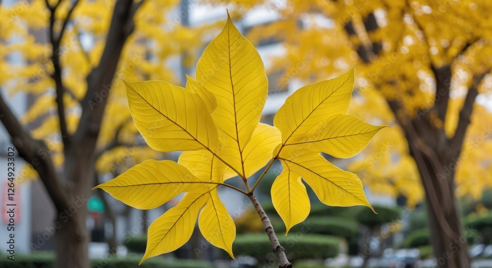 Poster Bright yellow autumn leaves against a blurred background of golden trees in an urban setting with copy space for text.