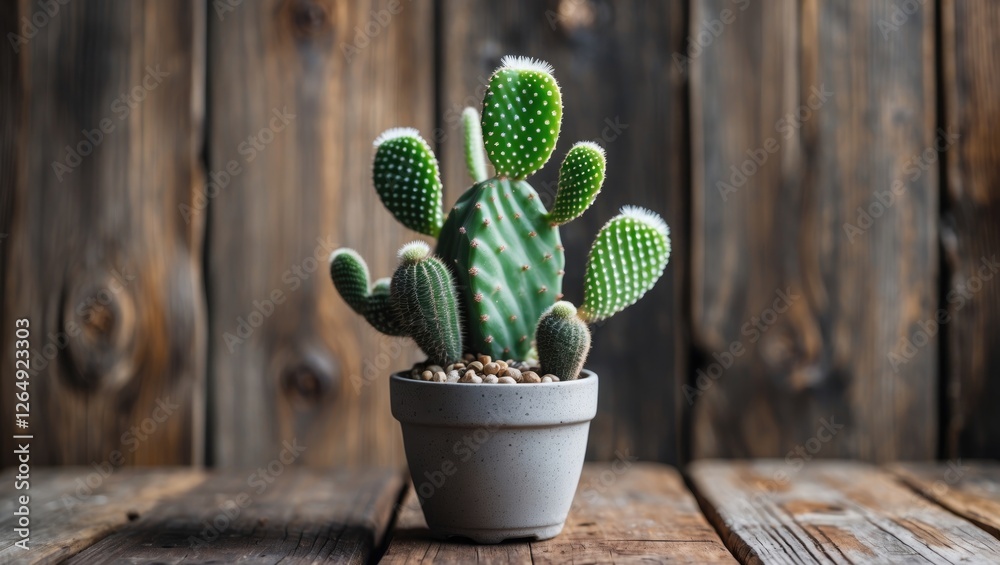 Aufkleber cactus plant in a white pot with soil on a rustic wooden table background with textured wooden wall 