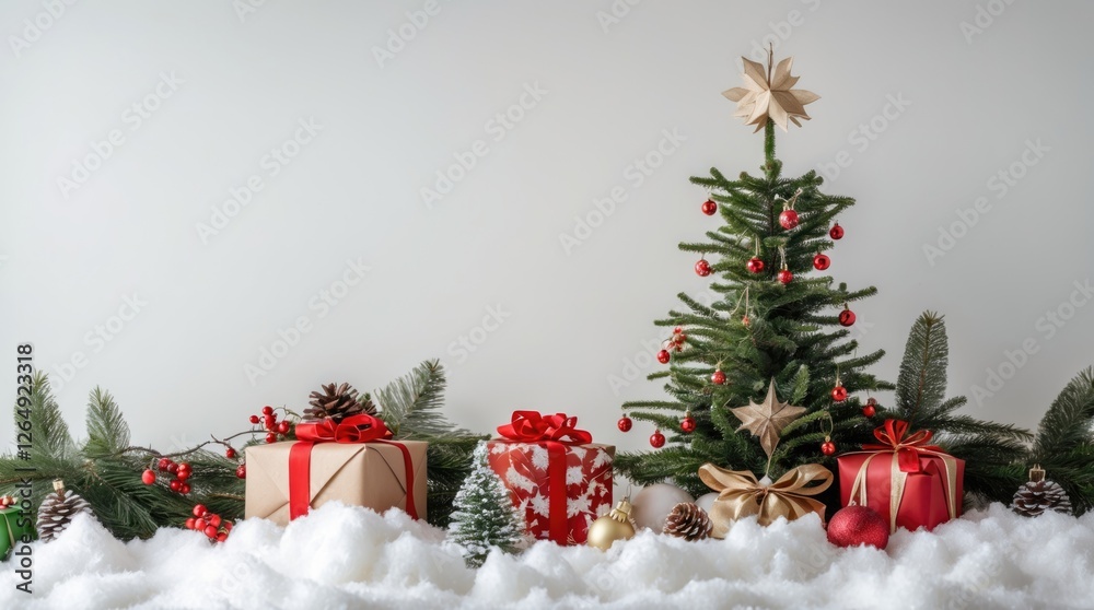 Poster christmas tree with red and gold ornaments surrounded by wrapped gifts and artificial snow on a whit