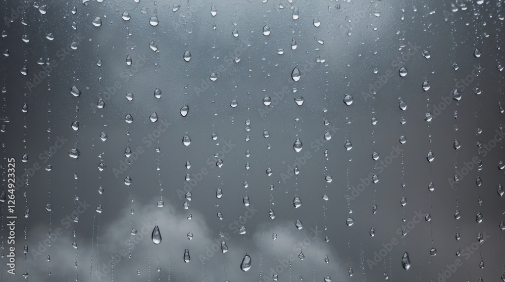 Aufkleber rainwater droplets on glass window pane with blurred cloudy background and focus on water texture co