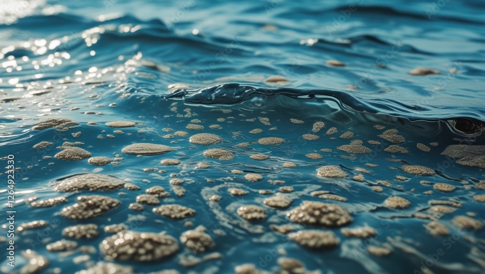 Poster close-up of ocean water surface with bubbles and foam in natural light reflections copy space