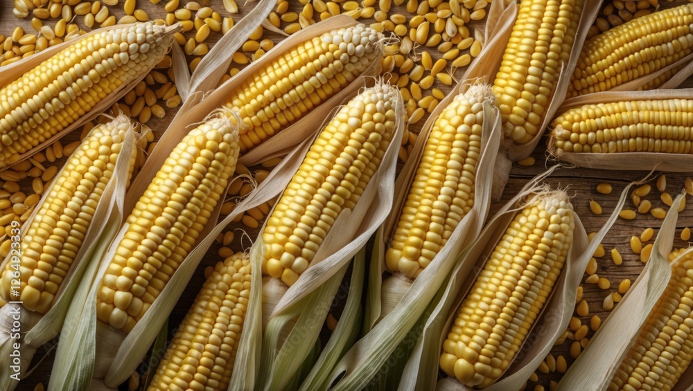 Poster freshly harvested corn cobs with yellow kernels and husks arranged on wooden surface with scattered 