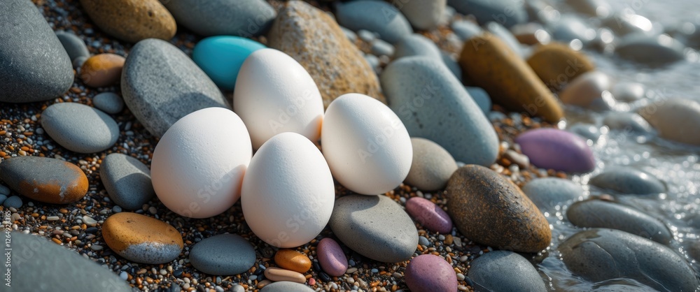 Poster White eggs on a pebbled beach with colorful stones and gentle waves in the background Copy Space