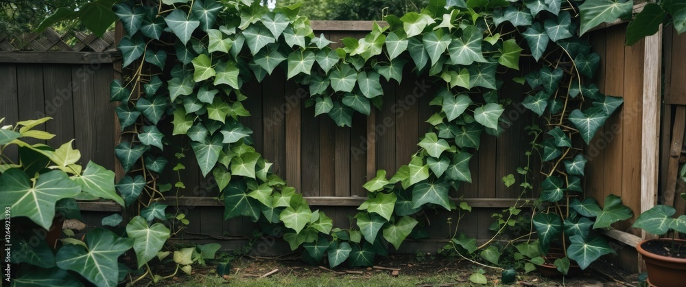 Poster ivy plants arranged in heart shape against a wooden fence with greenery in the foreground and a pott