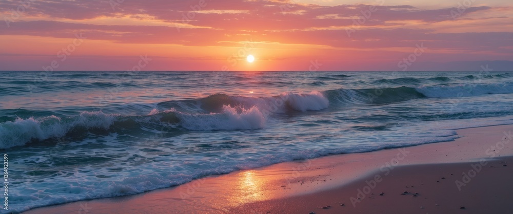Poster sunset over ocean waves with colorful sky and sandy beach in the foreground with copy space