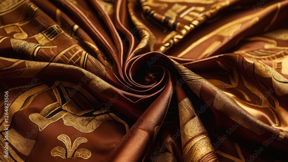Poster Elegant golden patterned silk fabric in rich brown tones with intricate designs and smooth texture suitable for various textile applications