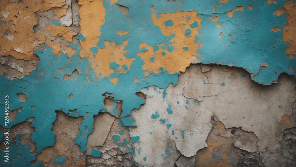 Poster textured background of peeling paint in blue and orange tones on a weathered wall with concrete surf
