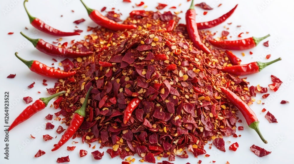 Poster dried red chili flakes and whole red chilies arranged on white background with ample copy space for 