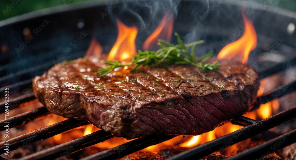 Poster grilled beef steak with flames and herbs on barbecue grill with smoke and copy space for text