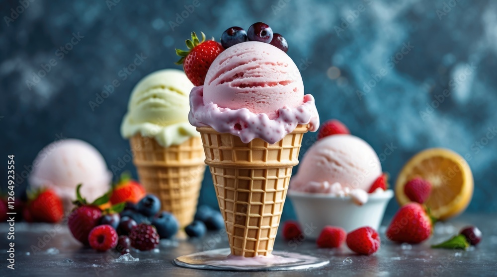 Aufkleber Three ice cream cones with different flavors and fresh berries on a textured surface with copy space for text placements