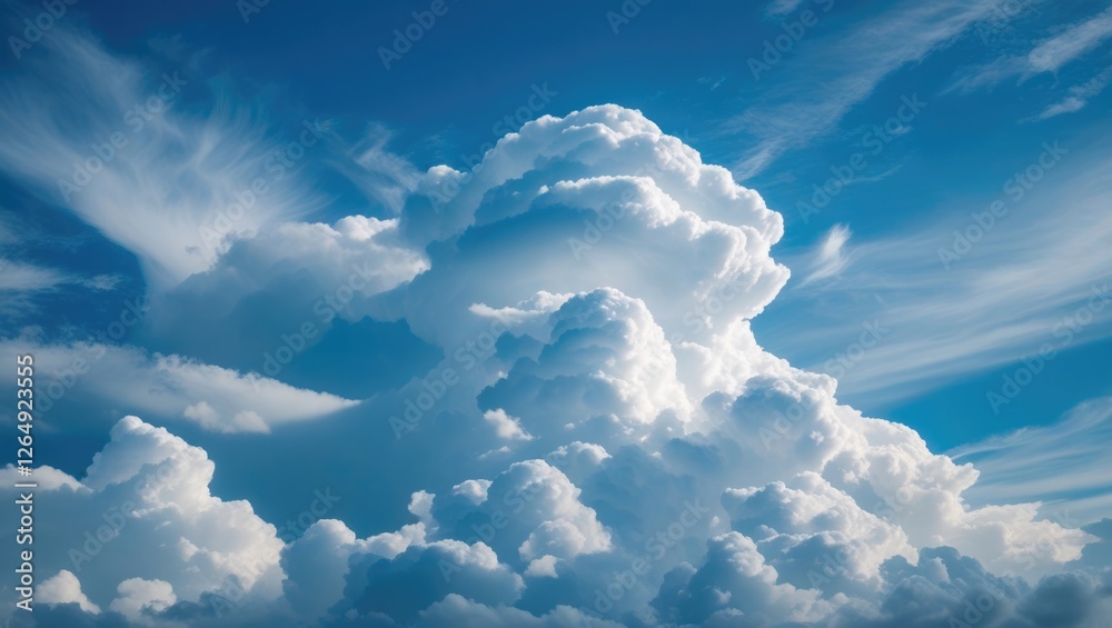 Poster Dramatic cloud formation against a blue sky with wispy patterns and textured layers of cumulus clouds Copy Space