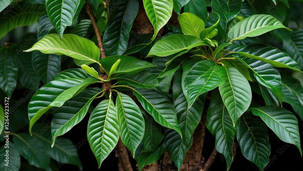 Poster lush green leaves of a tropical plant growing on a sturdy trunk isolated on black background with co