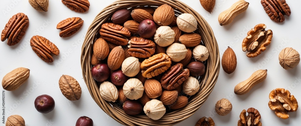 Aufkleber Assorted nuts in a wicker basket surrounded by various types of nuts on a white background Copy Space