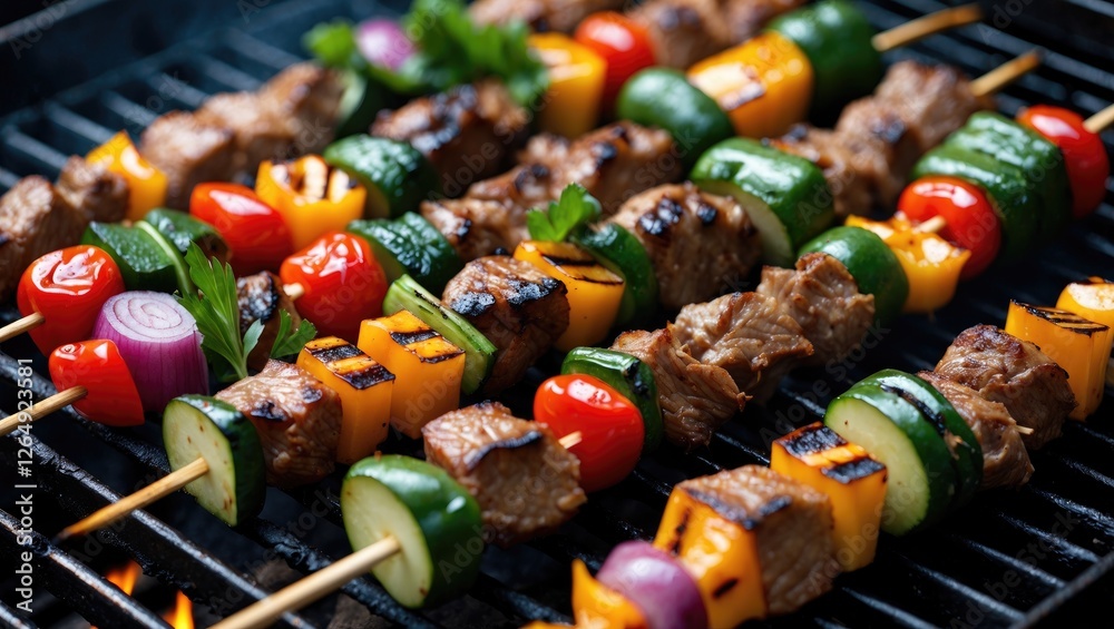 Aufkleber grilled skewers with meat and vegetables on barbecue grill with flames visible and vibrant colors of