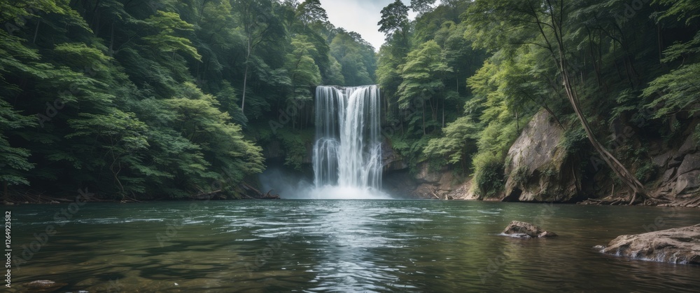 Aufkleber Cascading waterfall surrounded by lush greenery and calm water in a serene forest setting with Copy Space