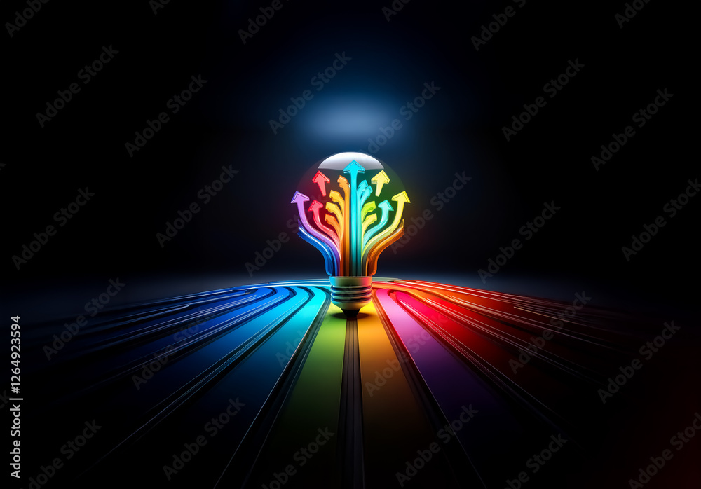 Aufkleber glowing bulb with rainbow arrows points up, like a vibrant tree. rays of colorful light spread from 