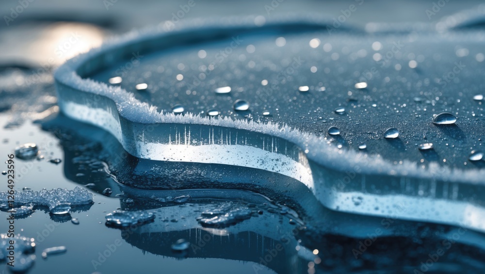 Poster close-up view of water droplets on a smooth ice surface with glistening texture and reflections, mac