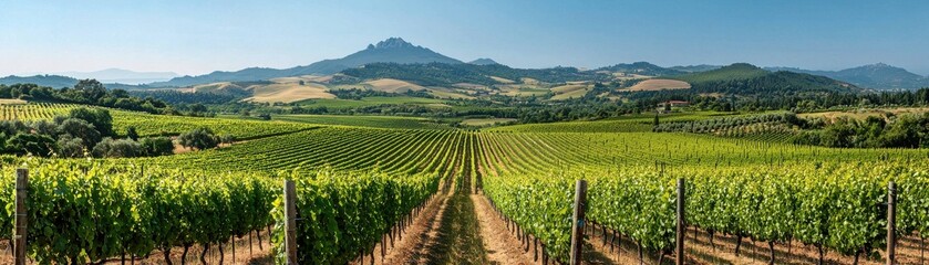 Fototapeta premium Tranquil and picturesque vineyard landscape with rows of lush vibrant grapevines stretching across rolling hills and valleys