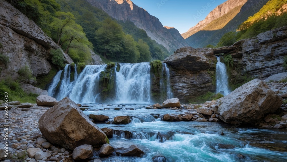 Poster waterfall cascading over rocks in a serene landscape surrounded by lush green trees and mountains wi