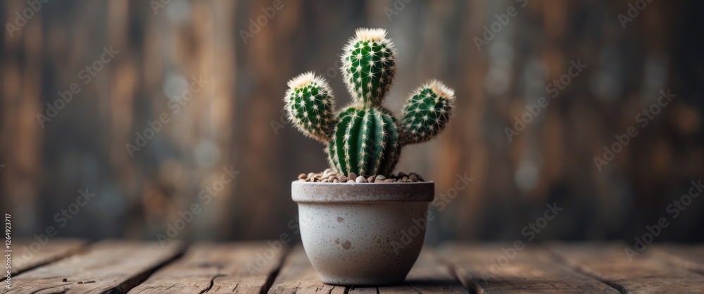 Poster cactus plant in a textured pot on rustic wooden table with blurred background and natural lighting c