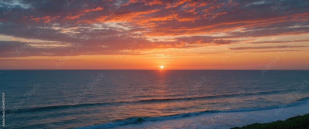Poster vibrant sunset over ocean horizon with colorful clouds and gentle waves creating a serene seaside la