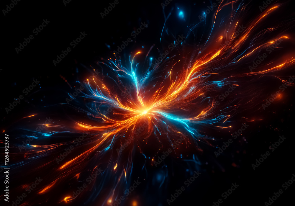 Aufkleber vibrant abstract image showcases intertwining orange and blue light trails against a stark black bac