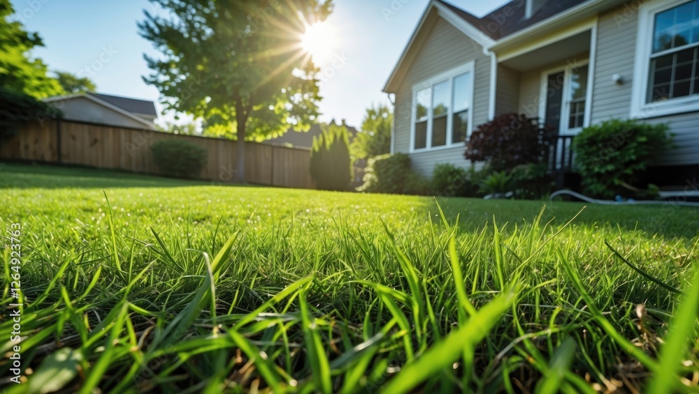 Poster sunlight shining over a lush green lawn in a residential backyard with a house and trees in the back