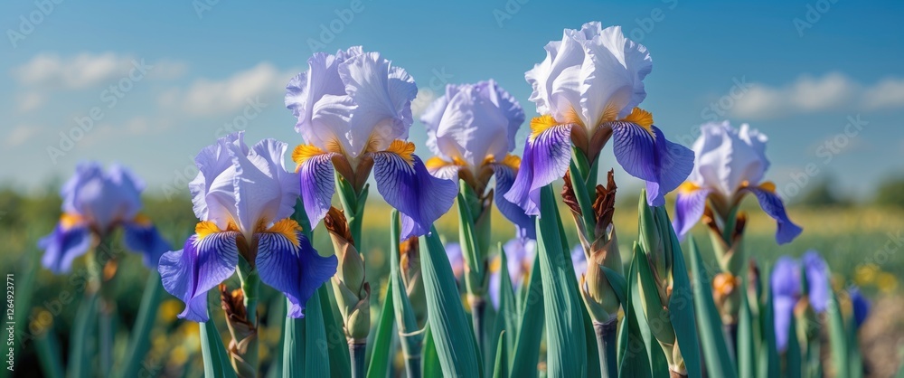Poster Iris flowers blooming in a field with blue sky and soft clouds in the background Copy Space