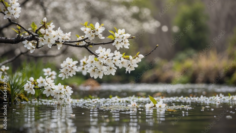 Aufkleber cherry blossom branches over calm water with floating petals and blurred background of greenery copy