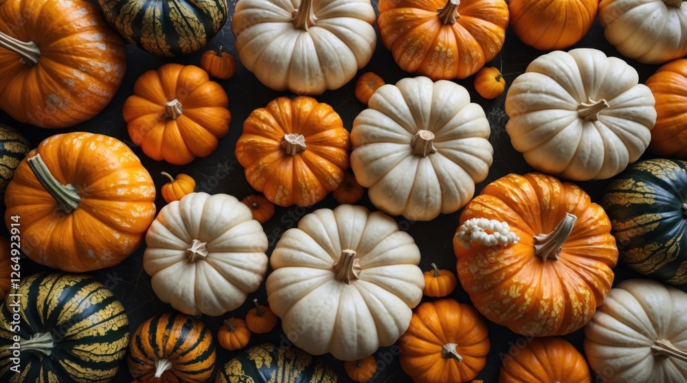 Poster variety of pumpkins in orange and white colors arranged on a dark surface with copy space for text p