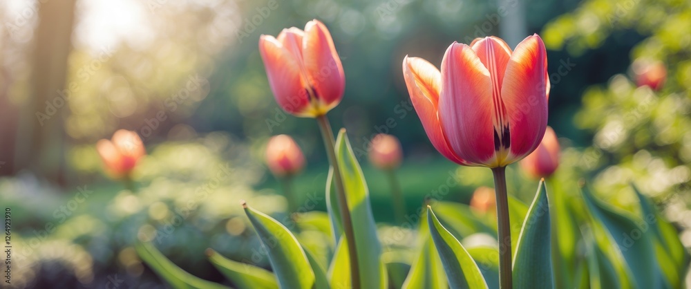 Poster pink tulips in a garden setting with sunlight and blurred greenery in the background copy space
