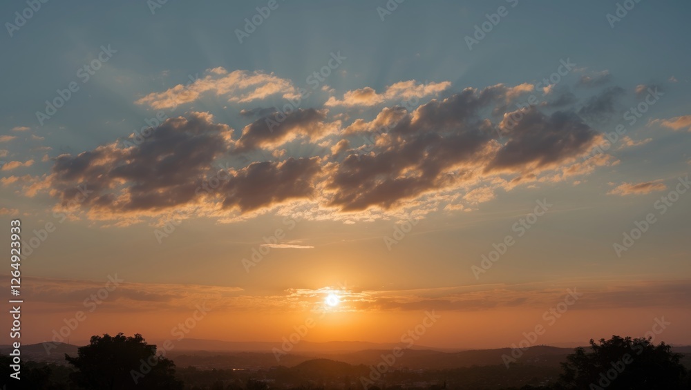Poster Scenic sunset over rolling hills with layered clouds and warm light during golden hour with copy space for text